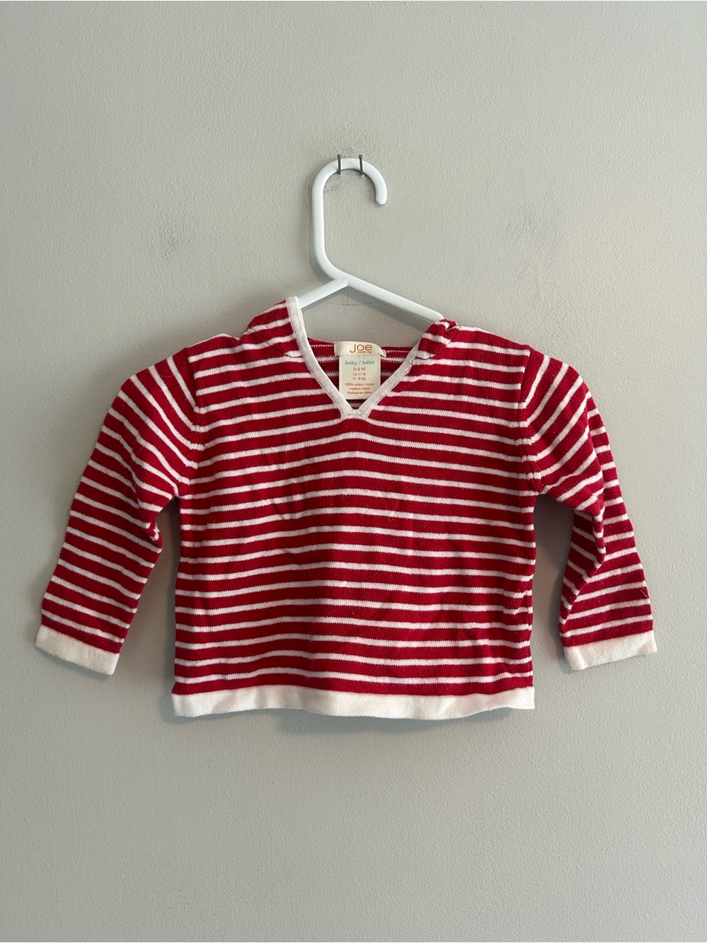 Joe Fresh 3/6m Red & White Striped long sleeve hooded shirt